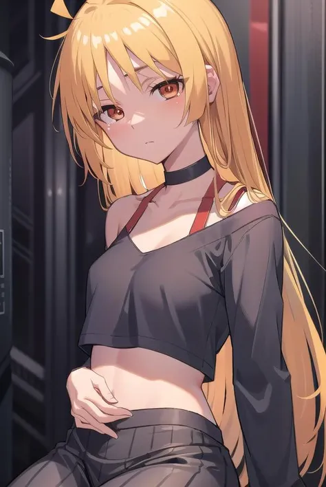 seikaijichi, <lora:seikaijichitest:1>, seika ijichi, ahoge, blonde hair, yellow hair, long hair, (red eyes:1.5), parted bangs, sidelocks,
BREAK black footwear, black shirt, choker, high heels, long sleeves, pants, shirt, striped, striped pants, vertical stripes, vertical-striped pants,
BREAK looking at viewer,
BREAK indoors, club,
BREAK <lora:GoodHands-vanilla:1>, (masterpiece:1.2), best quality, high resolution, unity 8k wallpaper, (illustration:0.8), (beautiful detailed eyes:1.6), extremely detailed face, perfect lighting, extremely detailed CG, (perfect hands, perfect anatomy),