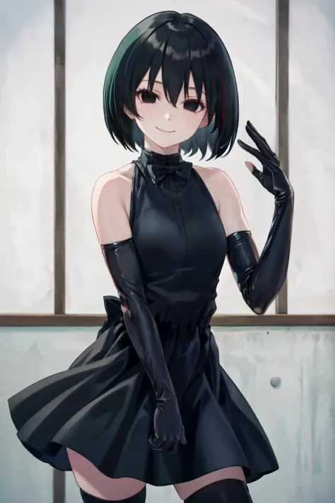 <lora:OshinoOugiV14:1> oshino ougi,  colored inner hair, bare shoulders, black bowtie, black dress, elbow gloves, two-sided skirt, black thighhighs,
(best quality, masterpiece, RAW photo,ultra-detailed:1.2), <lyco:GoodHands-beta2:1.0>,1girl,solo,looking at viewer,smile  <lora:add_detail:0.3>