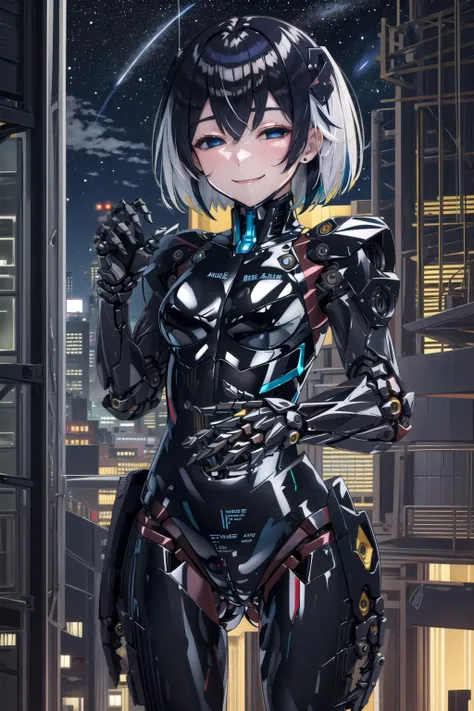 ((masterpiece,best quality, detailed)), 1girl, solo, cowboy shot, outdoors, night, cityscape, starry sky, detailed eyes,
<lora:OshinoOugiV14:0.7>, oshino ougi, gakuran, black gloves, smile, closed mouth, inner colored hair, half-closed eyes,
<lora:mecha_offset:1.3>, (mecha musume, mechanical parts, robot joints, black bodysuit)