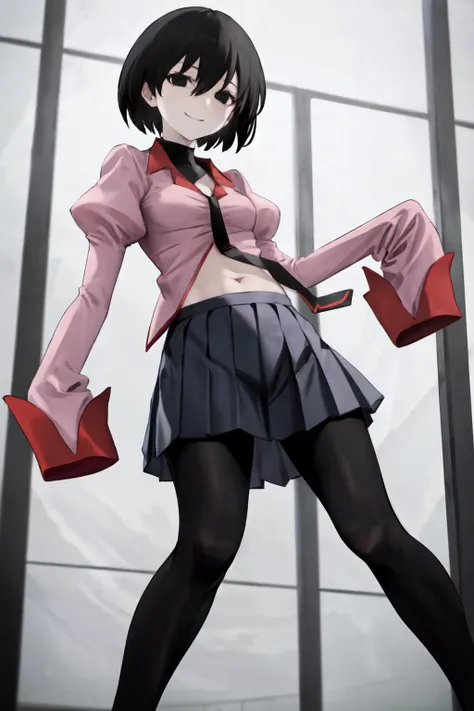 <lora:OshinoOugiV14:1> oshino ougi, black undershirt, pink shirt, black necktie, puffy sleeves, sleeves past fingers, pleated skirt, black pantyhose, loafers, navel, cleavage, from below,
(best quality, masterpiece, RAW photo,ultra-detailed:1.2), <lyco:GoodHands-beta2:1.0>,1girl,solo,looking at viewer,smile <lora:add_detail:0.3>