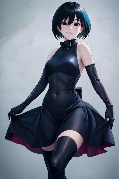 <lora:OshinoOugiV14:1> oshino ougi,  colored inner hair, bare shoulders, black bowtie, black dress, elbow gloves, two-sided skirt, black thighhighs, navel,
(best quality, masterpiece, RAW photo,ultra-detailed:1.2), <lyco:GoodHands-beta2:1.0>,1girl,solo,looking at viewer,smile  <lora:add_detail:0.3>