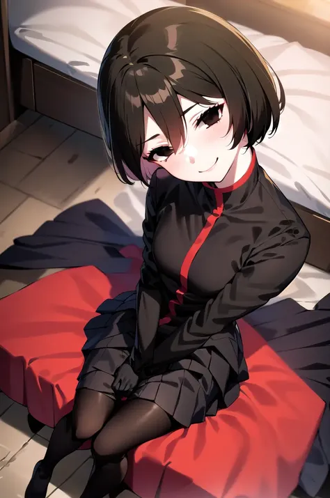 (masterpiece,best quality, detailed), 1girl, solo, indoors, bed, sitting, half-closed eyes, smile, closed mouth, full body, head tilt, from above, looking at viewer,
oshino ougi, gakuran, black gloves, black jacket, pleated skirt, black pantyhose, no shoes