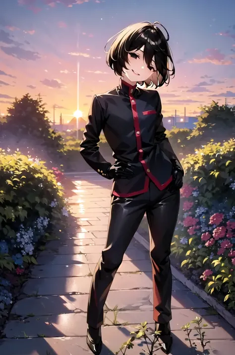(masterpiece,best quality, detailed), 1girl, solo, outdoors, garden, sunset, half-closed eyes, smile, parted lips, full body, hands on own hips, head tilt,
oshino ougi, gakuran, black gloves, black jacket, black pants