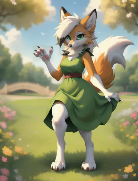 lycanroc, a cute fox girl with green eyes, wearing a cute green dress, at the park, paws, 4 toes, claws, digitigrade, hands, 5 fingers, tail, looking at viewer, thick thighs, small breasts, <lora:Dusk Lycanroc:1>