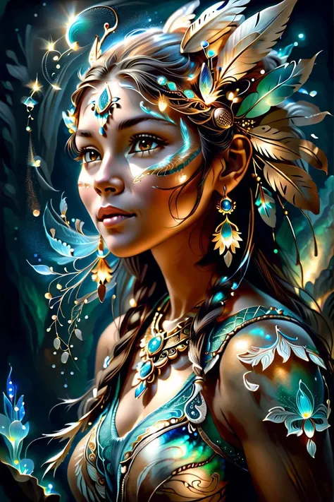 native american girl, Light brown head, astonishment, sparkling, elegant and unique, gently swaying, mysterious and charming, realistic and abstract art, details, very realistic, beautiful and vital, dreamlike and surreal, delicate brush strokes and rich colors, beauty and mystery, unimaginable beauty,Ornate And Intricate, transparent, translucent, Agate material, jade material, BY Anne Bachelier