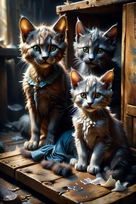 portrait shot (from above:0.5) of (4 poor stray kittens) in the 1800s on an old street in a wooden crate of rags, ((overwhelming fatigue)), dirty messy fur, photorealistic, moody colors, gritty, messy style of , Ilya Repin, highly detailed,