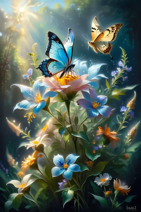 Impressionist oil painting capturing the ethereal beauty of a butterfly perched on a bouquet of wildflowers, bathed in the soft, diffused light of a spring morning, by Claude Monet and douard Manet, cinematic composition, trending on ArtStation.