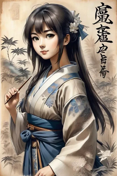japan cavei schoolgirl, Middle Ages, japan artstyle, drawing with papyrus, large strokes, finalized with ink, fine lines, sketch artstyle, graycale, monochrome,