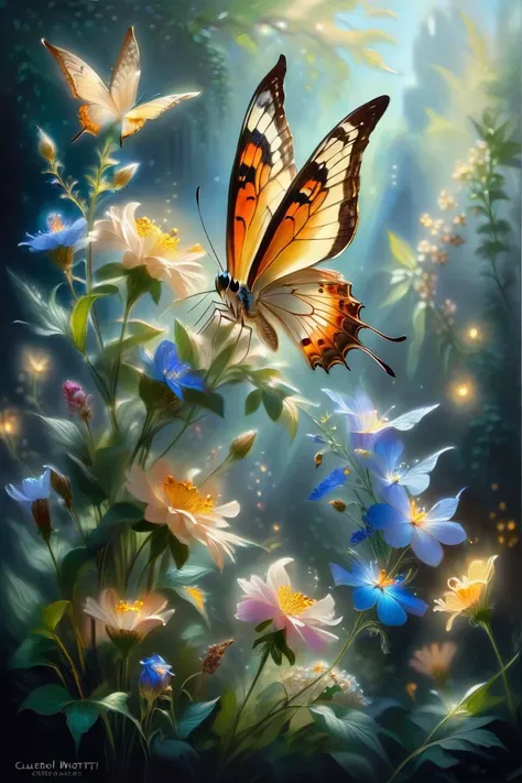 Impressionist oil painting capturing the ethereal beauty of a butterfly perched on a bouquet of wildflowers, bathed in the soft, diffused light of a spring morning, by Claude Monet and douard Manet, cinematic composition, trending on ArtStation.