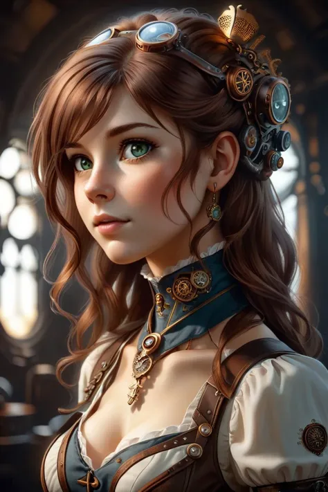 white girl, Brown-haired head, Nervousness, steampunk style