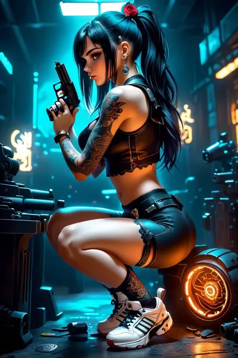 score_9, score_8_up, score_8, volumetric lighting, vibrant colors, view from back. goth girl on her knees looking down, gun to head, handgun, holding gun , black hair, tatoo, sporty crop top. (white sneakers), young, pretty girl with long hair. Annoyed look on her face while she is texting