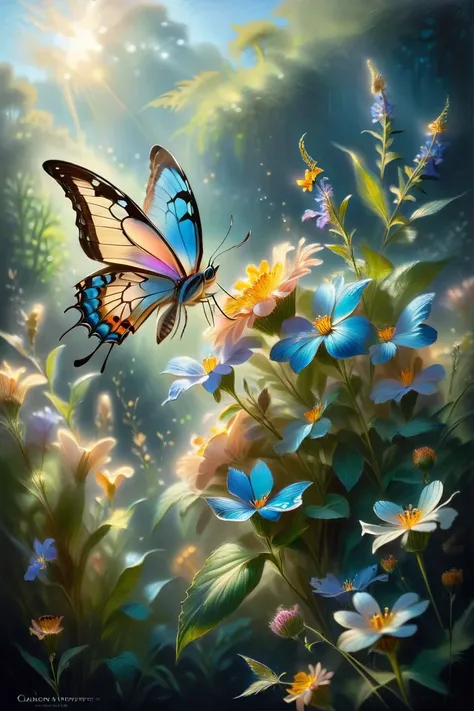 Impressionist oil painting capturing the ethereal beauty of a butterfly perched on a bouquet of wildflowers, bathed in the soft, diffused light of a spring morning, by Claude Monet and douard Manet, cinematic composition, trending on ArtStation.