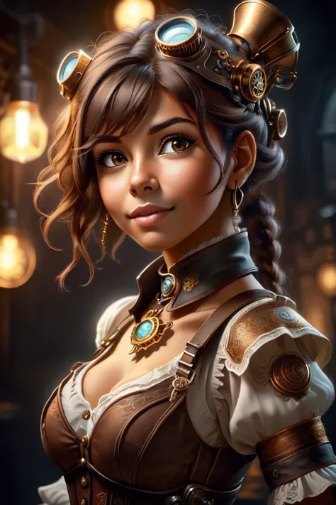 hispanic girl, Light brown head, Enthusiasm, steampunk style