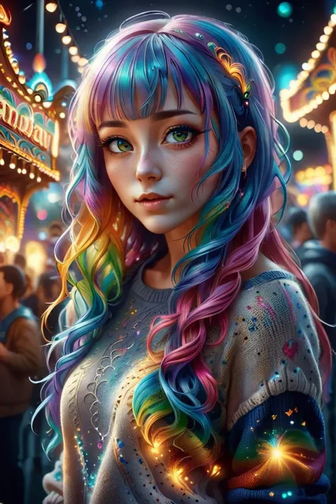 realistic photo portrait of a beautiful girl with long rainbow hair, bangs, at a carnival at night, wearing a sweater, (depth of field, bokeh:1.2) (score_9, score_8_up, score_7_up, 4k)