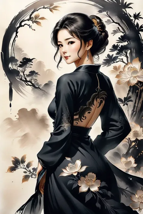 high quality, logo style, Yabusame, black sumi-e silhouette of a beautiful woman, sophisticated, simple, by yukisakura, high quality,