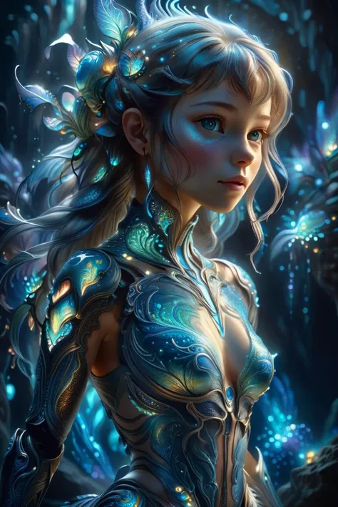 masterpiece render, dreamscape of unknown bioluminescent non anthropomorphic girl energetic type being, amorphous look ,intricately detailed iridescent outfits, surreal, ethereal background, mysterious, fantasy, highly detailed, uncanny atmosphere, movie still, cinematic,