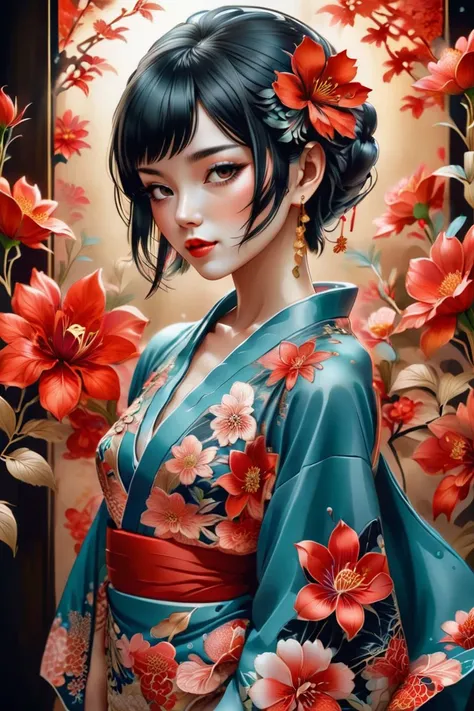 2d, lewd, pastel color, watercolor, lineart, ankymoore, 1girl, solo,kimono, short hair, simple background, black hair, dress, jewelry, upper body, flower, earrings makeup, floral print, lipstick, red flower, brown background, red lips, print dress, tan background,