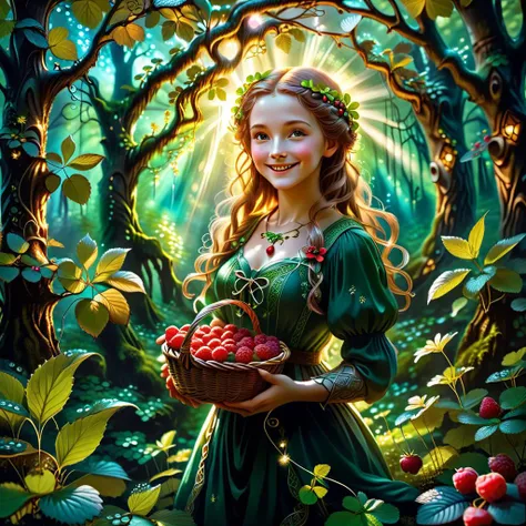 a Celtic girl, holding a basket of raspberry fruits, smiling happily, with a beautiful tindal light in the forest in the morning sunlight, and a Madonna-like divine light effect emerging behind the girl,
1girl, solo, celtics, a forest treehouse in a rainbow, moss, four-leaf clover, Englander style,
full body, masterpiece, best quality, super detailed, extremely delicate and beautiful, (((sharpening))):1.6,  refined girl, dynamic pose,