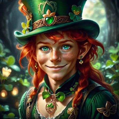 leprechaun, freckles, red hair, beautiful eyes, leprechaun top hat, wearing a shamrock necklace, celtic background, shy smile