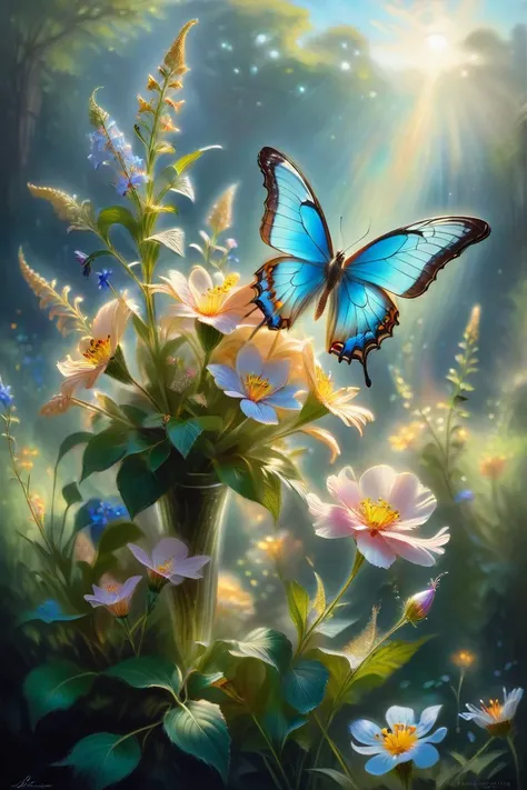Impressionist oil painting capturing the ethereal beauty of a butterfly perched on a bouquet of wildflowers, bathed in the soft, diffused light of a spring morning, by Claude Monet and douard Manet, cinematic composition, trending on ArtStation.