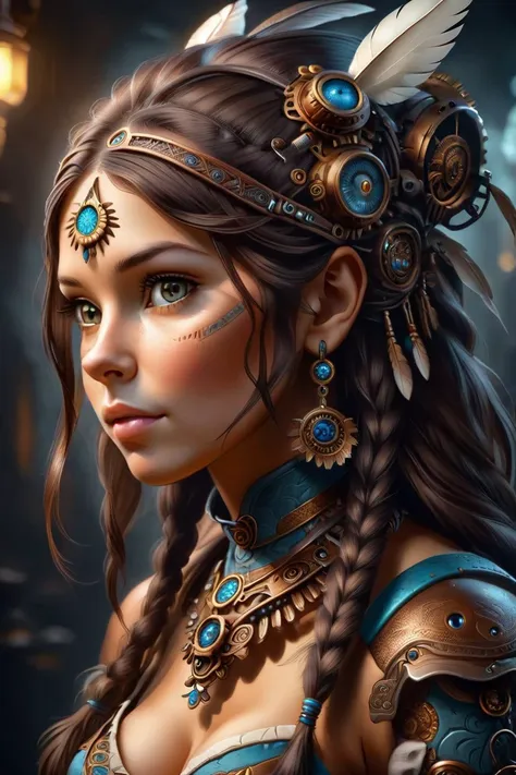 native american girl, Brunette head, Curiosity, steampunk style