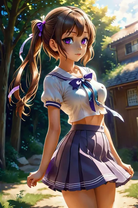 score_9, score_8_up, score_7_up, source_anime, 1girl, solo, sweat, in summer, outdoors, sunlight, kmkgyui, medium hair, brown hair, twintails, purple eyes, medium breasts, school uniform, brown skirt, high-waist skirt, shirt, ribbon, short sleeves, neck ribbon,