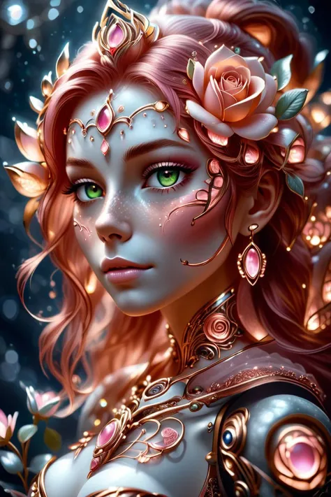 A beautiful rose gold haired gold eyed woman with rose quartz gems in her hair