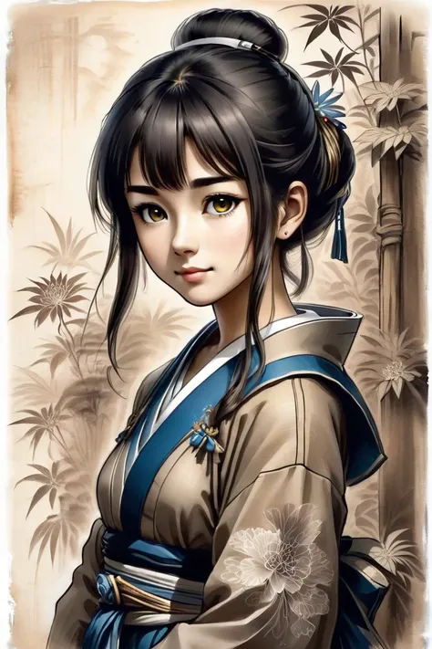 japan cavei schoolgirl, Middle Ages, japan artstyle, drawing with papyrus, large strokes, finalized with ink, fine lines, sketch artstyle, graycale, monochrome,