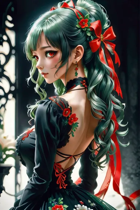 score_9, score_8_up, score_7_up, score_6_up, score_5_up, score_4_up, 1girl, solo, long hair, looking at viewer, hair ornament, red eyes, dress, ribbon, hair between eyes, bare shoulders, jewelry, closed mouth, hair ribbon, upper body, ponytail, flower, sidelocks, hairband, earrings, detached sleeves, green hair, looking back, hair flower, from behind, black dress, black ribbon, white flower, black background, red flower, crossed bangs