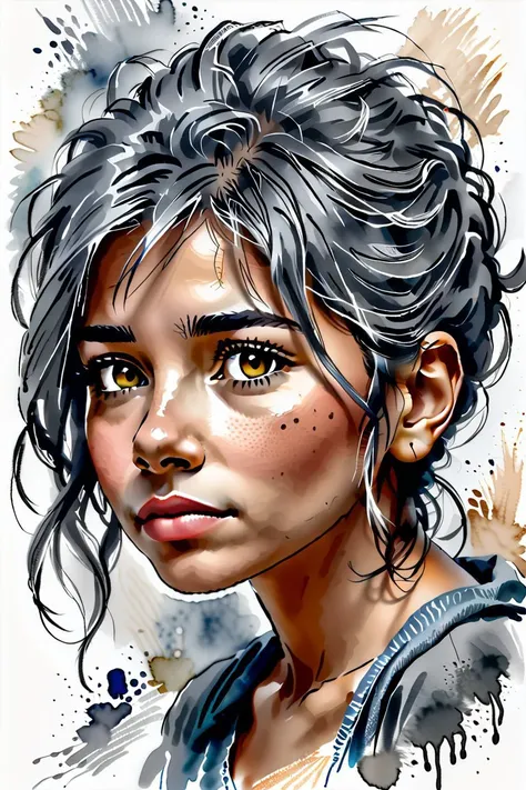 hispanic girl, Gray-haired head, Despair,, watercolor sketch in artistic style, large strokes, finalized with ink, fine lines