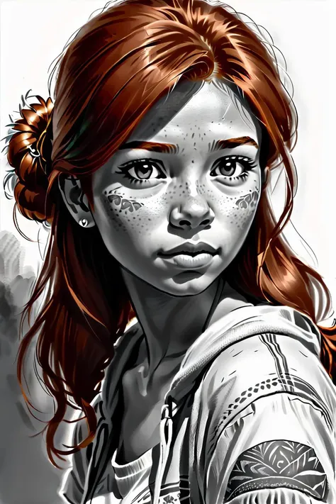 hispanic girl, Ginger head, Disappointment,, sketch artstyle, graycale, monochrome,