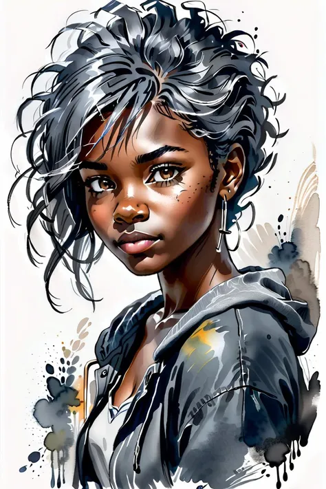 black girl, Gray-haired head, frowning,, watercolor sketch in artistic style, large strokes, finalized with ink, fine lines