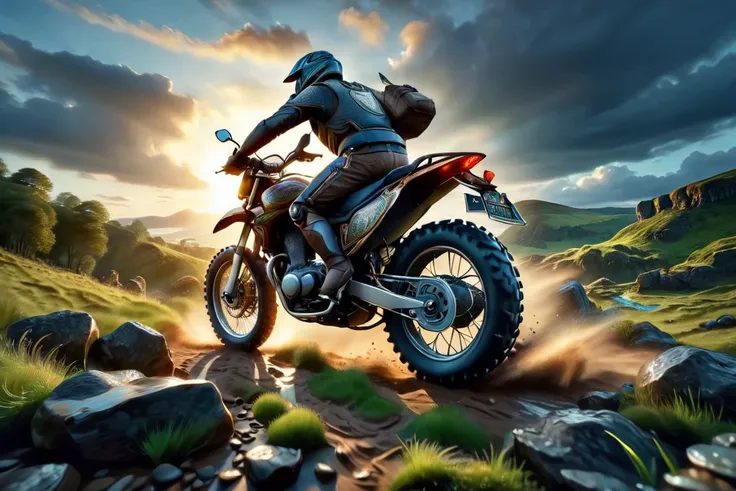 offroad motorcycle, Rushing at high speed, celtic landscape, Midjourney style