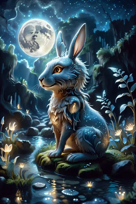 a fluffy rabit, sitting in a clearing flooded with moonlight, starry sky, moon lost, night,