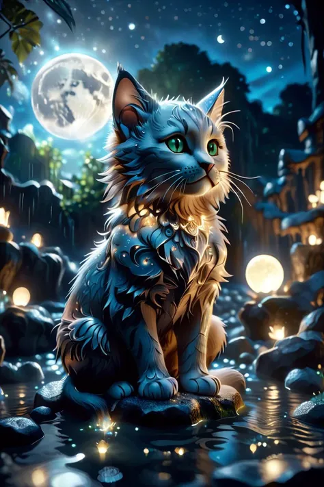 a fluffy kitten, sitting in a clearing flooded with moonlight, starry sky, moon lost, night,, (masterpiece), (realistic), 8k, RAW photo, very wide shot, octane render, unreal engine, volumetrics dtx, (film grain, bokeh, blurry foreground)