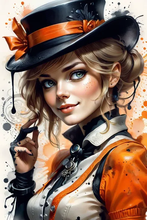 Ink illustration, a female clockwork orange version of Willy wonka, dramatic pose, beautiful, feminine, smirking, tricky, teasing, high fashion, ink stains, ink splatters, ink runs, ink spots, faded ink linquivera