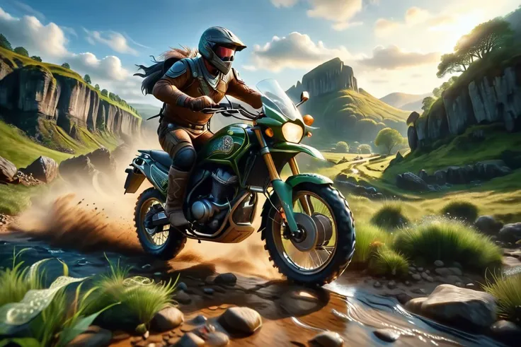 offroad motorcycle, Rushing at high speed, celtic landscape, Midjourney style