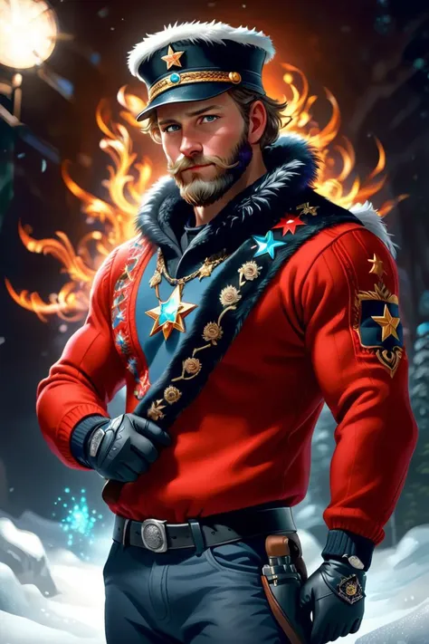 RA2_Boris, black ushanka_hat, star on the hat, red sweater, beard, real, realistic, AKM, human, anthro, full_color, (full body:1.5), solo, male