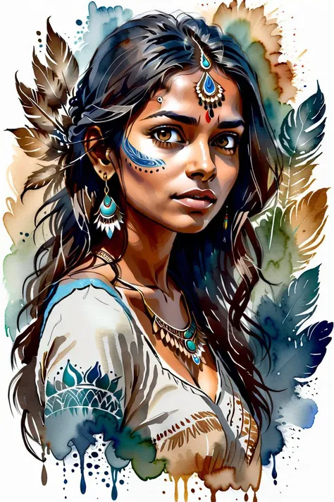 indian girl, Brunette head, Fear,, watercolor sketch in artistic style, large strokes, finalized with ink, fine lines