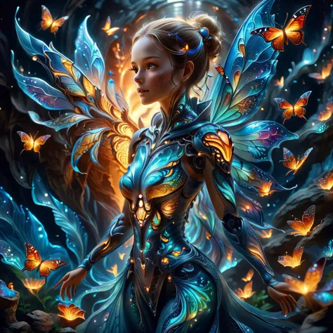 bioluminescent,Vibrant, erosion-patterned galaxy aesthetics, glass-like transparent body revealing intricate titanium bone structure, vivid bioluminescent blood vessels, effervescent internal bubbles, tornado-like swirls, chaotic nebula-inspired light sources, swirling cosmic colors, elegant dress, butterfly wings, female figure, fluttering butterflies.(setting sun:1.05)