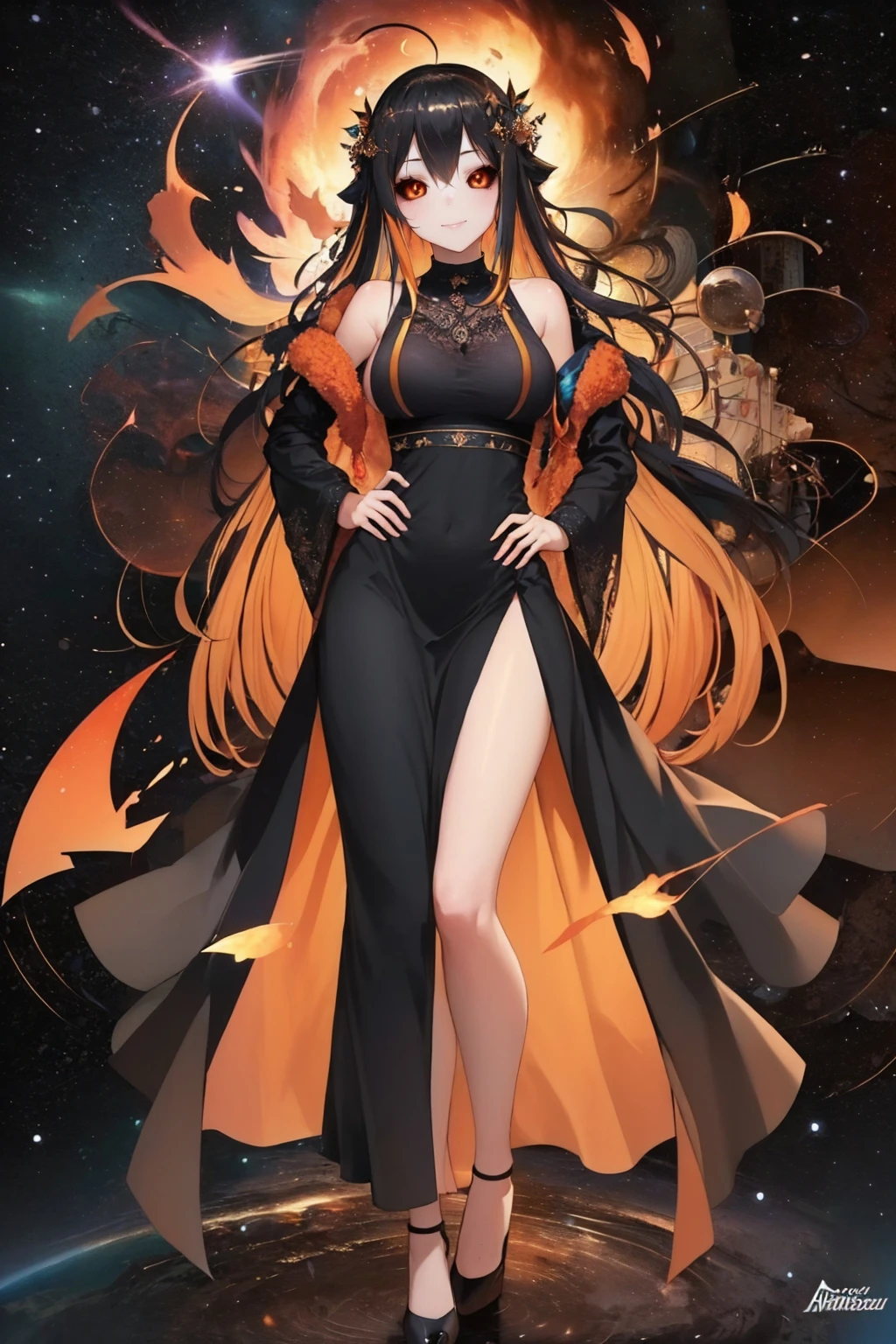 (masterpiece, best quality:1.2), solo, 1girl, blackhole-chan, smile, looking at viewer, hand on hip, colored sclera, black dress, long sleeves, space <lora:gijinkaseries_blackhole-11:1>