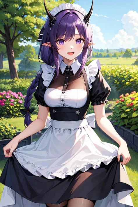 masterpiece, best quality, highres, aahibis, long hair, purple hair, braid, pointy ears, horns, <lora:hibiscus_the_purifier_v1:0.7>, maid. maid headdress, skirt hold, garden, smile, open mouth,