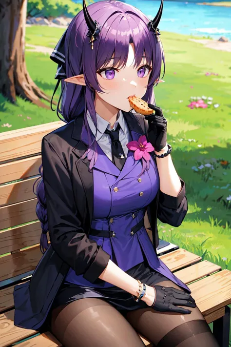 masterpiece, best quality, highres, aahibis, long hair, purple hair, braid, pointy ears, horns, black necktie, purple shirt, black jacket, open clothes, pink flower, long sleeves, bracelet, black gloves, half gloves, black skirt, black pantyhose, <lora:hibiscus_the_purifier_v1:0.7>, sitting, food, eating, bench, outdoors