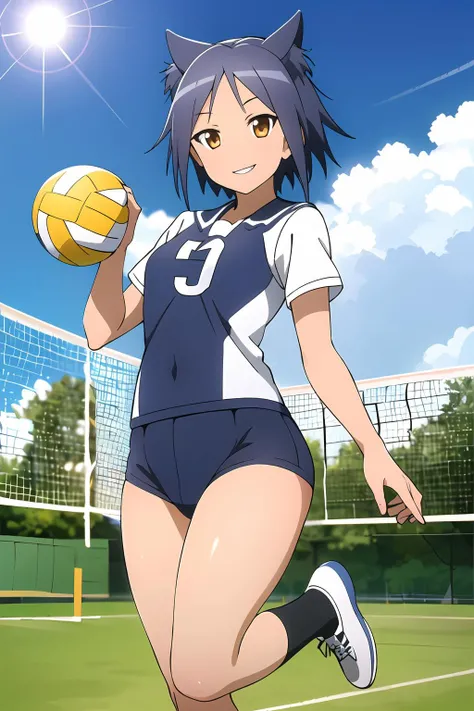 masterpiece, 1girl, galil ar \(upotte!!\), jumping, midair, playing volleyball, volleyball uniform, sportswear, smiling, lens flare, sun, sunny, volleyball court