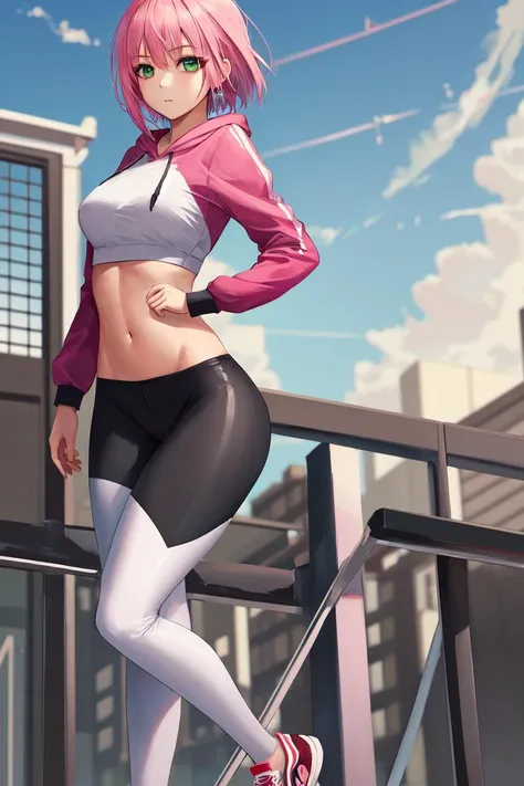 1girl, (masterpiece,top quality,best quality), perfect proportions, <lora:kizukiAnimeHentai_animeHentaiV3:1> . short hair, green eyes, pink hair, bang, sakura, sakura_haruno, beautiful legs, medium breasts, cropped hoodie, leggins, sport leggins
