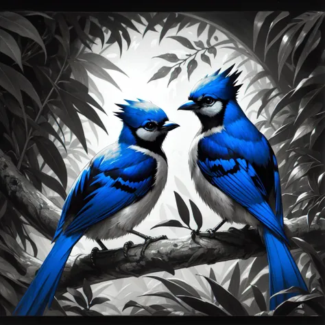 (masterpiece, best quality:1.2), (monochrome, spot color:1.1), (blue jay:1.05), bird, feathers, branch, leaf, tree, moss, beak