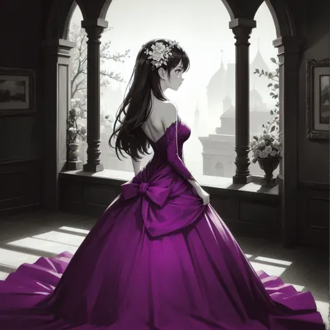 (masterpiece, best quality:1.2), (monochrome, spot color:1.08), 1girl, solo, dress, long hair, bare shoulders, from behind, flower, gown, windowsill, hair ornament, purple dress, stone wall