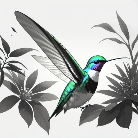 (masterpiece, best quality:1.2), (monochrome, spot color:1.1), animal, solo, (hummingbird:1.05), bird, green feathers, wings, plant, flower, spread wings, beak