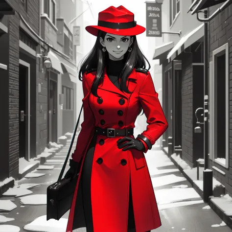 (masterpiece, best quality:1.2), (monochrome, spot color:1.08), (carmen sandiego:1.04), black eyes, from where in the world Is carmen sandiego?, (red fedora hat, red trench coat:1.1), gloves, long hair, smirk, black hair, outdoors, alleyway, stone wall, buttons, collar