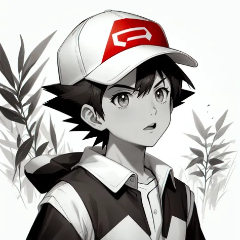 (masterpiece, best quality:1.2), (monochrome, spot color:1.08), 1boy, hat, solo, male focus, ash ketchum, baseball cap, red headwear, closed mouth, upper body, bangs, shirt
